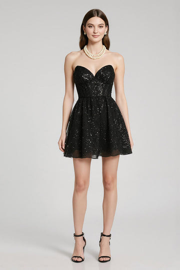Sparkly Black Sequin Sweetheart A Line Short Cocktail Dress